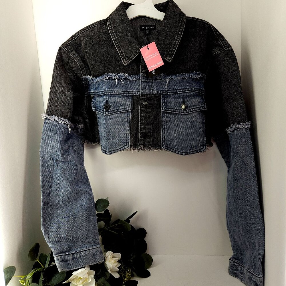 Womens Pretty Little Thing Cropped Denim Jacket Black & Blue Frayed Hem Size 6